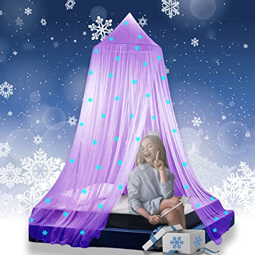 Eimilaly Princess Bed Canopy Glow in The Dark, Christmas Snowflakes Bed Canopy for Girls Room Decor, Purple