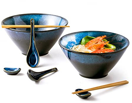 Large Salad Soup Ramen Serving Bowls, 71 OZ Ceramic Japanese Ramen Noodle Bowls with Chopsticks, Spoons and Rests - Super Big Bowl Sets for Udon, Pho, Pasta, Cereal, Set of 2 - Reactive Blue
