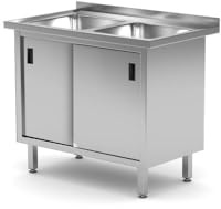 HENDI Doppelspültisch mit Schrank, Schiebetüren, geschweißt, Verstellbare Füße, Beckengröße: 400x400x(H)250mm, Abfluss: ø50mm, Öffnung Wasserhähn: ø30mm, Aufkantung: 40mm, 1000x600x(H)850mm, Edelstahl