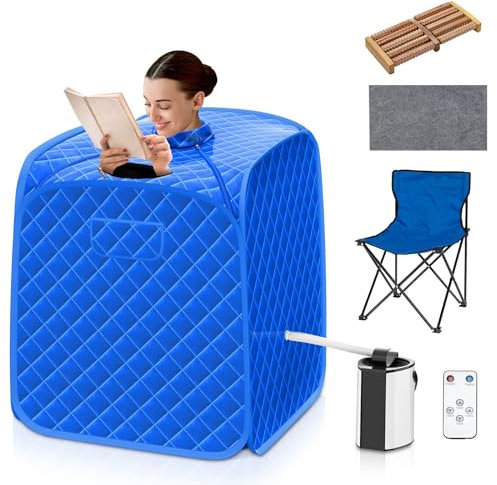 Multigot Portable Steam Sauna, Personal Full Body Sauna Spa with Remote Control, Folding Chair and Foot Massage Roller, Lightweight Foldable Home Sauna Tent (Blue)