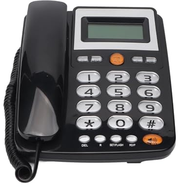 Svart Fast Hemtelefon, Sladdtelefon med Stor Knapp för Seniorer, HD LCD-skärm, Justering Av Ljusstyrka, Handsfreesamtal, Uppringning med en Knapp, Ingen AC-ström Krävs