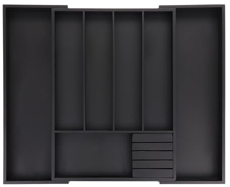 Relaxdays Besteckkasten ausziehbar, Bambus, HBT: 5 x 32,5-55 x 44,5 cm, 5-7 Fächer, Besteckfach mit Messerblock, schwarz, 1 Stück