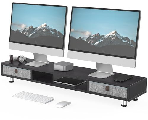 Fenge Dual Monitorständer mit 2 Schublade Großer Bildschirmständer für PC Laptop TV, Höhenverstellbarer Computer Monitorständer 108x23,5x15,2-16,7cm, Schwarz