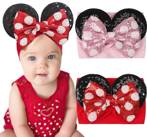 2Pcs Baby Girl Large Mouse Ears Dot Headband Sequin Bow Wide Nylon Hairband
