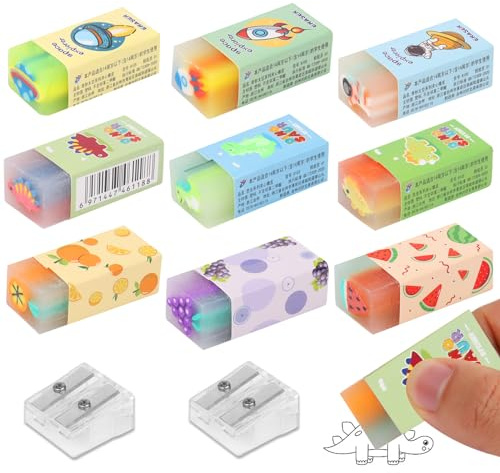 Gomme à Fruits Bloc, 9pcs Gomme à Dinosaure Mignonnes, Gommes Colorées de Cubiques, Gomme à Effacer de Couleurs avec 2 Taille-Crayon pour Enfant étudiant Bureaux Dessin Croquis
