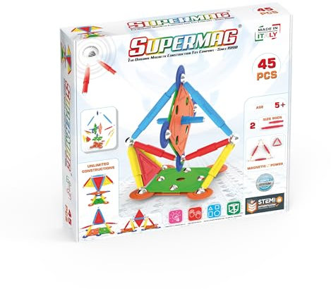 Supermag - Multicolor Magnetbaukasten - 45 Teile - Kinderspielzeug Ab 5 Jahren - Patentiertes System Basierend auf STEM-Programmen - Made In Italy