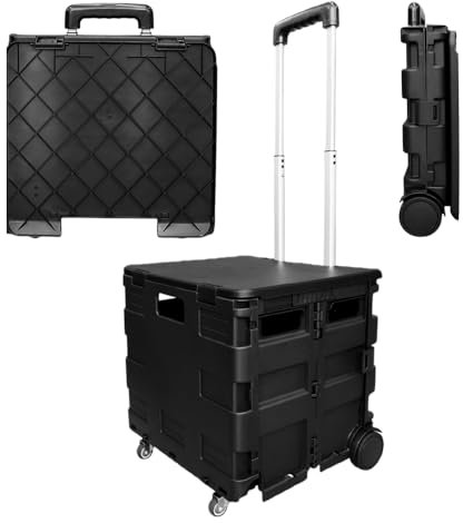 Berry 40 KG Foldable Shopping Trolley - Black, Plastic Trolley Cart with 4 Wheels and Lid, Portable Cart with Telescopic Handle, Multipurpose Utility Cart for Shopping, Teacher, Laundry