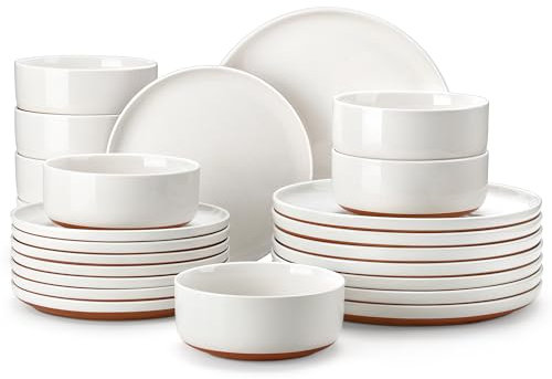 MALACASA Geschirrset 8 Personen, TARA 24-teiliges Modernes Steingut Geschirr Set - Schüssel- und Teller Set, Tafelservice Kombiservice mit je 8 Speiseteller, Dessertteller und Müslischalen - Weiß