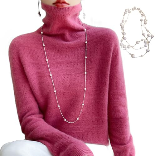 KEYULI Pull Angora Pull à col roulé en Cachemire pour Femme,Pull Chaud et Ample en mélange de Cachemire,Pull en Tricot à col roulé Solide pour Femme avec Collier (Framboise,2XL (65-75kg))