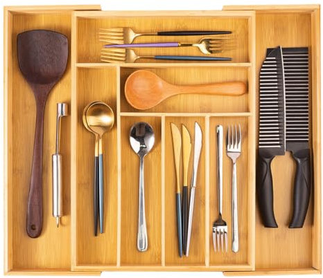 LiangYuanZen Portaposate Deluxe in bambù per cassetti, 33-52x43x5 cm, 6bis8 scomparti, organizer per cassetti, organizer da cucina in plastica per cucchiai, forchette.