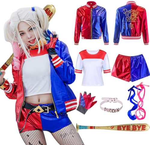 Amycute Costume Carnevale Donna, Set Vestito Carnevale Cosplay con Parrucca, Mazza da Baseball Gonfiabile, Colletti, Costumoi Cosplay Donna (M)
