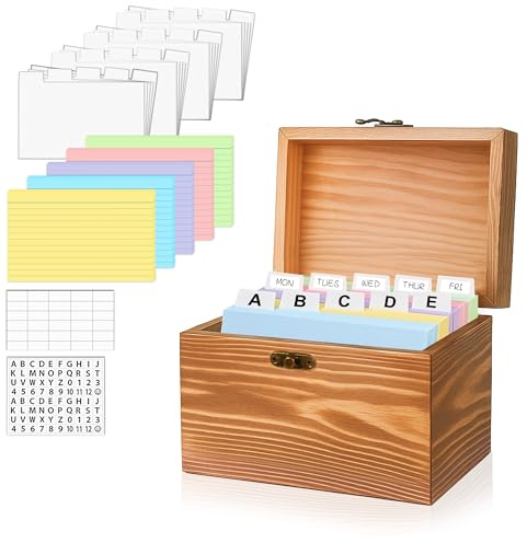 MOBYKE Porta carte indice 3x5, scatola per ricette origanizer in legno con 100 schede flash, 30 divisori bianchi, 1 adesivo vuoto e 1 adesivo per lettere, porta biglietti per flashcard per casa e