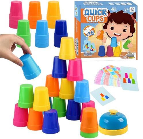 74 PIEZAS Juego de Vasos Apilables para Niños, Con 18 Vasos Speed, 54 Tarjetas y 1 Timbre, 1 Manual de Instrucciones, Juego de Vasos Apilables de Entrenamiento de Habilidad Speed Party, Juego de Vasos