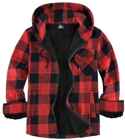 JACKETOWN Chaqueta Leñador Hombre Camisera Forrada para Hombre Capucha a Cuadros de Franela Cremallera Sherpa Trekking Invierno Camisa Franela Actividades al Aire Libre(Negro Rojo L)