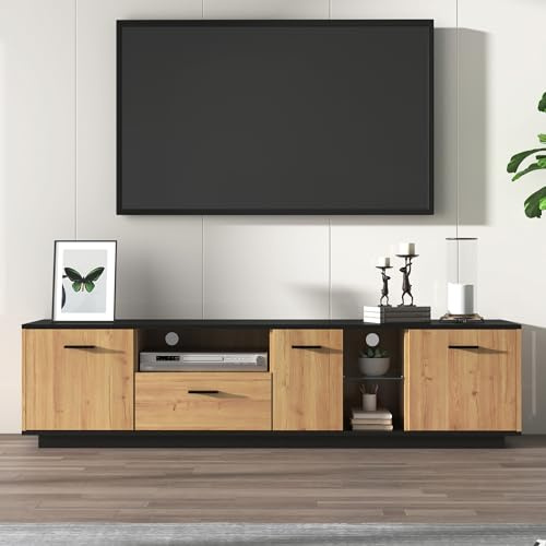 FammyLoft TV Cabinets with Adjustable LED Lights, TV Stand Unit with One Drawer, Three Doors and Two Open Glass Compartments, TV Lowboard for Living Room, 180 * 37 * 45cm, Black and Wood