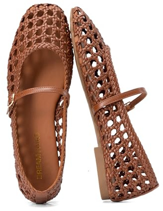 DREAM PAIRS Woven Ballet Mary Jane Flats for Women Dressy Comfortable Square Toe Ballerina Flats with Adjustable Buckle Strap for Work Casual Travel Daily,Size 9,Brown,SDFA26006W