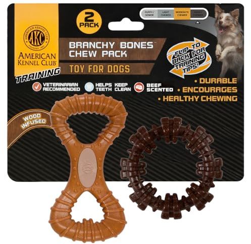 American Kennel Club 2 Pack Training Dog Chew Toy Wood-Infused PP Double Tug and Ring Dog Toys, Durable Dog Toys for Moderate Chewers, Beef Scented for Long-Lasting Engagement, Supports Dental Health