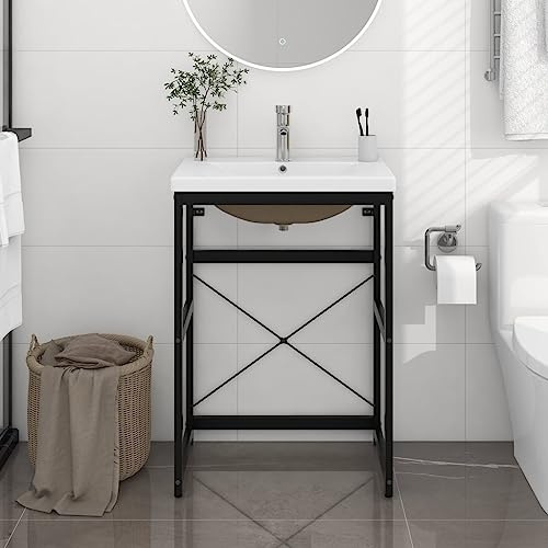 SKTQYQO Black Iron Bathroom Washbasin Frame with Built-in Ceramic Basin, 4-Piece Set for Modern Vanity, Powder Coated Iron Stand with Overflow and Glazed Surface
