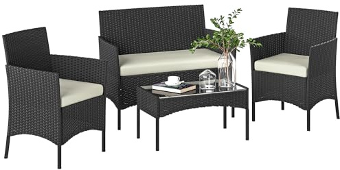 Outsunny Conjunto Jardín Exterior de Ratán con Cojines Conjunto Terraza Resistente a la Intemperie Muebles Jardín Exterior con 2 Sillones Sofá de 2 Plazas Mesa con Cristal Negro y Crema