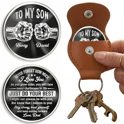 VEELU Personalised To My Son Pocket Hug Coin Keychain from Dad, Custom Engraved Key Ring with Name & Text, Double Sided Stainless Steel Token Gifts for Fathers Day for Men Grandad Husband (02)