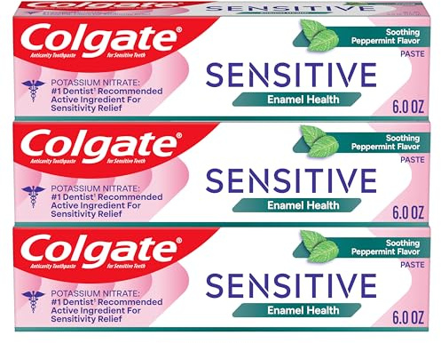 Colgate Sensitive Enamel Health Toothpaste for Sensitive Teeth, 3 Pack, Toothpaste with Fluoride and 5% Potassium Nitrate, Helps Prevent Bad Breath, Soothing Peppermint Flavor, 6 oz, 3 Pack