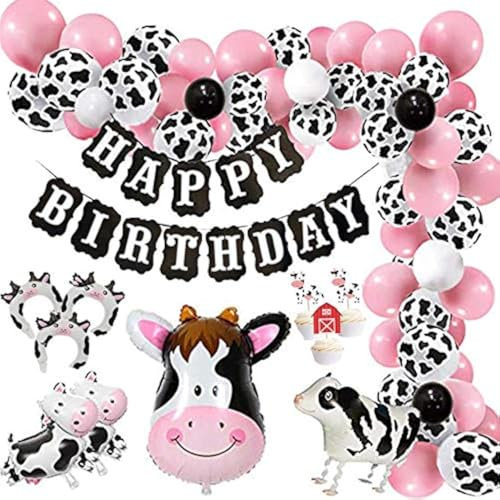 Funny Cow Party Decorations Balloon 85pcs Arch Garland Kit with Happy Birthday Banner, Cow Print Balloons Baby Pink Balloons, Walking Cow Mylar Balloon for Farm Birthday Party Farm Animal Theme Party