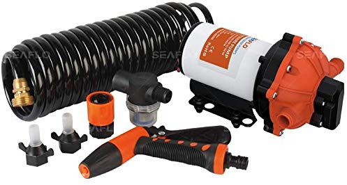 LIGHTEU®, Seaflo 51-serien Washdown Pump Kit - 12V DC, 5,2 GPM, 70 PSI med 7,5 m spiralslang Caravan RV Båt Marine