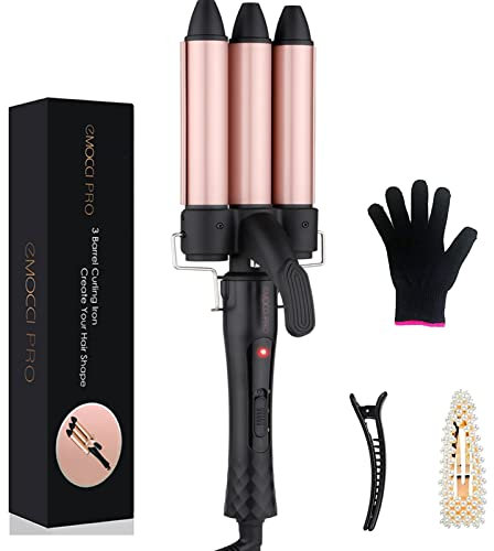 Lockenstab 3 fässer Beach Waves Welleneisen Große Locken Mermaid Wellenstab Welleisen mit Klemme Curling Iron für Kurze Lange Haare Haarpflege Set(25mm, Rosa Schwarz)