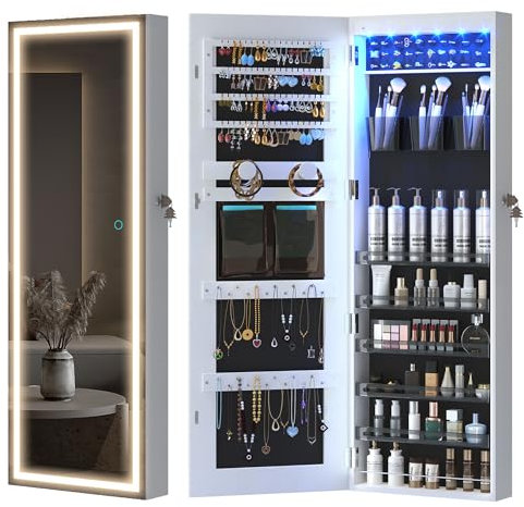 LVSOMT LED Mirror Jewelry Cabinet, Wall/Door Mount Jewelry Armoire Organizer with Lights, Full Length Mirror with Jewelry Storage, Over the Door Hanging Jewelry Cabinet (White)