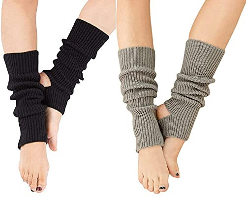 YUANQIAN Jambières d'hiver extra douces en tricot pour femme, pour yoga, ballet, danse, Noir + Gris - 2 paires, Length 43cm