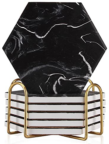 Cool Black Marble Coaster Set with Holder Hexagon Absorbent Coasters Modern Ceramic Coster 6 Pack Best Stone Drink Coaster Beverage Coffee Table Decor Funny Bar Desk Cup Coasters