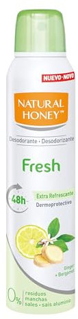 Natural Honey, Fresh Desodorante Spray Sin Aluminio Dermoprotectivo, 48H de Protección Natural Contra los Malos Olores, Formula Anti Manchas con Extractos Naturales de Jengibre y Bergamota, 200 ml