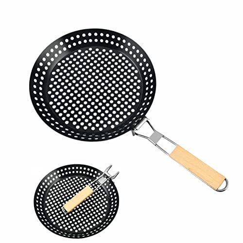 Eidoct BBQ Folding Grill Pan with Holes 12 Nonstick Grill Skillet with Wooden Foldable Handle, Camping Cookware-Kabob-Grill Pan for Outdoor Barbecue