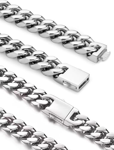 Cadena Acero Inoxidable Mujer 45 cm Choker Guirúrgico Largo 9mm Grueso Collar Plata Hombre Cubana para Jóvenes Hip Hop Regalo para el Marido
