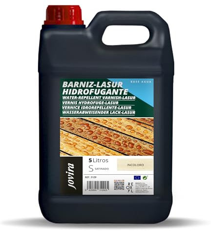 JOVIRA PINTURAS BARNIZ-LASUR Hidrofugante Protector Satinado al Agua. Protege, decora y embellece todo tipo de madera con efecto perlado. (5 Litros, Incoloro) I-36