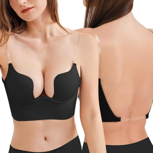 ZUKULIFE Reggiseno da Donna Scollato sul Retro con Spalline Trasparenti Reggiseno Push-up con Scollo Profondo a V Reggiseno a Taglio Basso Multifunzione Convertibile Reggiseno con Coppa aggiuntiva