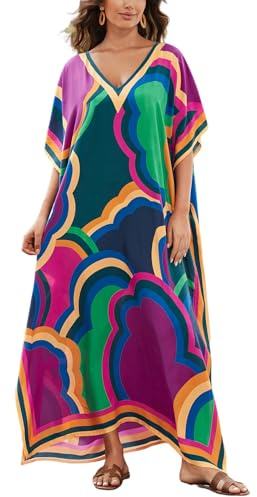 IMAGEKOPE Women's Plus Size Loose Fit Moroccan Print V-Neck Batwing Kaftan Beach Dress Bathing Suit Cover Up