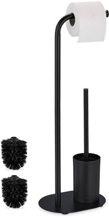 Relaxdays WC Garnitur, HBT: 64,5x23x17 cm, stehender Toilettenpapierhalter, Klobürste mit Bürstenhalter, Eisen, schwarz