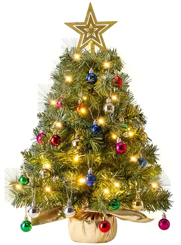 JOIEDOMI Petit sapin de Noël artificiel pré-éclairé à DEL verte de 61 cm avec lumières avec étoile et décorations à suspendre, mini sapin de Noël artificiel pré-éclairé à DEL vertes pour décorations
