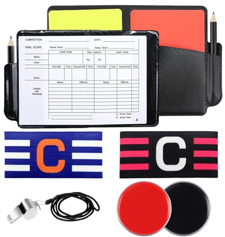 RobLux Carton Arbitre Football Set,avec 2 Métal Sifflet Arbitre PVC Carton Rouge et Jaune Foot avec Brassards de Capitaine pour le Football Sport Scolaire Sport