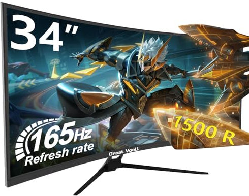 Great voell 34 Zoll Gaming Monitor Curved, 165Hz, UWQHD 3440x1440, Ultrawide Monitor, 1500R, 1Ms, 99% sRGB, HDMI 2.0, DP 1.4, FreeSync, HDR, Anti-Blaulicht Augenschutz, VESA, Kann gekippt Warden