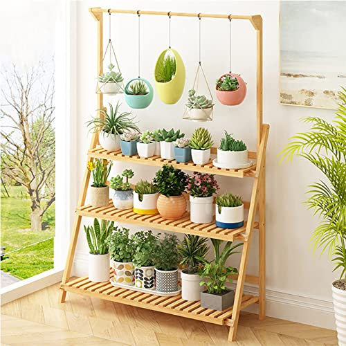 Hanging Plant Holder Stand 3 Tier Ladder Plant Stand Bamboo Étagère À Plantes Porte Pots De Plante Hanging Storage Organizer Rack Folding Display Shelving For Patio Garden Living Room