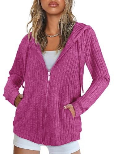 Flikity Hooded Cardigan Women, Zip Up Women's Hoodies Long Sleeve Top Ladies Tunic Tops Jackets for Women UK Women's Cardigans Size 16-18 Autumn Clothes Winter Tops L Rose Pink