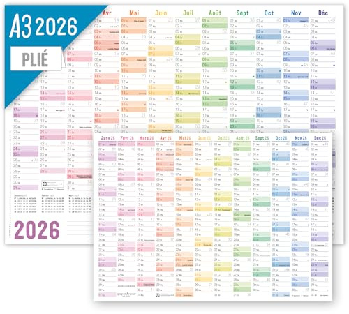 Häfft® calendario da parete 2026 A3 in francese (42 x 29,7 cm) piegato Rainbow, agenda da parete con festività francesi + calendario extra A4 - Sostenibile & rispettoso con il clima