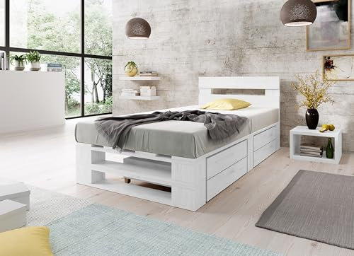 Lermowood Palettenbett M2 aus Holz 120 x 200 cm Weiß mit Kopfteil und 2 Bettkästen Holzbett 30cm Stabiles Seniorenbett Kinderbett Jugendbett Gästebett erhöhtes Bettgestell Futon Komforthöhe Naturholz