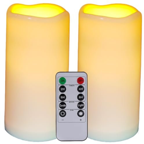 HjingChen Lot de 2 bougies LED étanches sans flamme avec télécommande et minuterie, piles d'extérieur en plastique, bougies piliers électriques pour camping, mariages