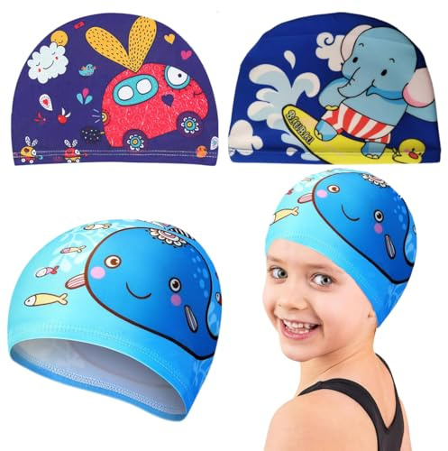 Badekappe Kinder, 3 Stück, Nette Kinder Badekappen Karikatur Schwimmkappe, Elastischer Polyester Badehaube Schwimmhaube, Bequeme Badekappekinder, Schwimmmütze Kinder Jungen Mädchen