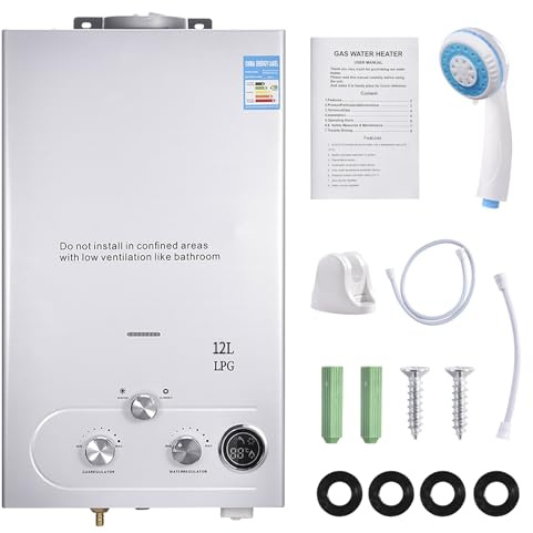 16 l gasvarmvattenberedare, 32 KW LPG propan varmvattenberedare varmvattenberedare superlåg 0,5 bar startvattentryck, för dusch och daglig användning campingresor (vit, 12 LPG)