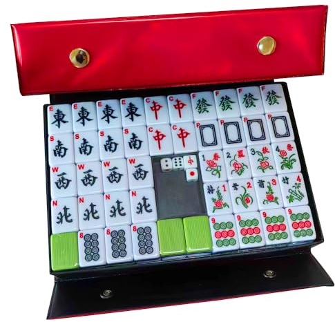 Mineup Mahjong Set, Chinese Mahjong Game Set with Carrying Travel Case, 3x2.25cm Mahjong Set Portable, mahjong set full size with english number for Travel Party Family Game, Green