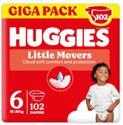 Huggies Pannolini Little Movers, Taglia 6 (15-30 Kg), Confezione da 102 pannolini, Formato Gigapack